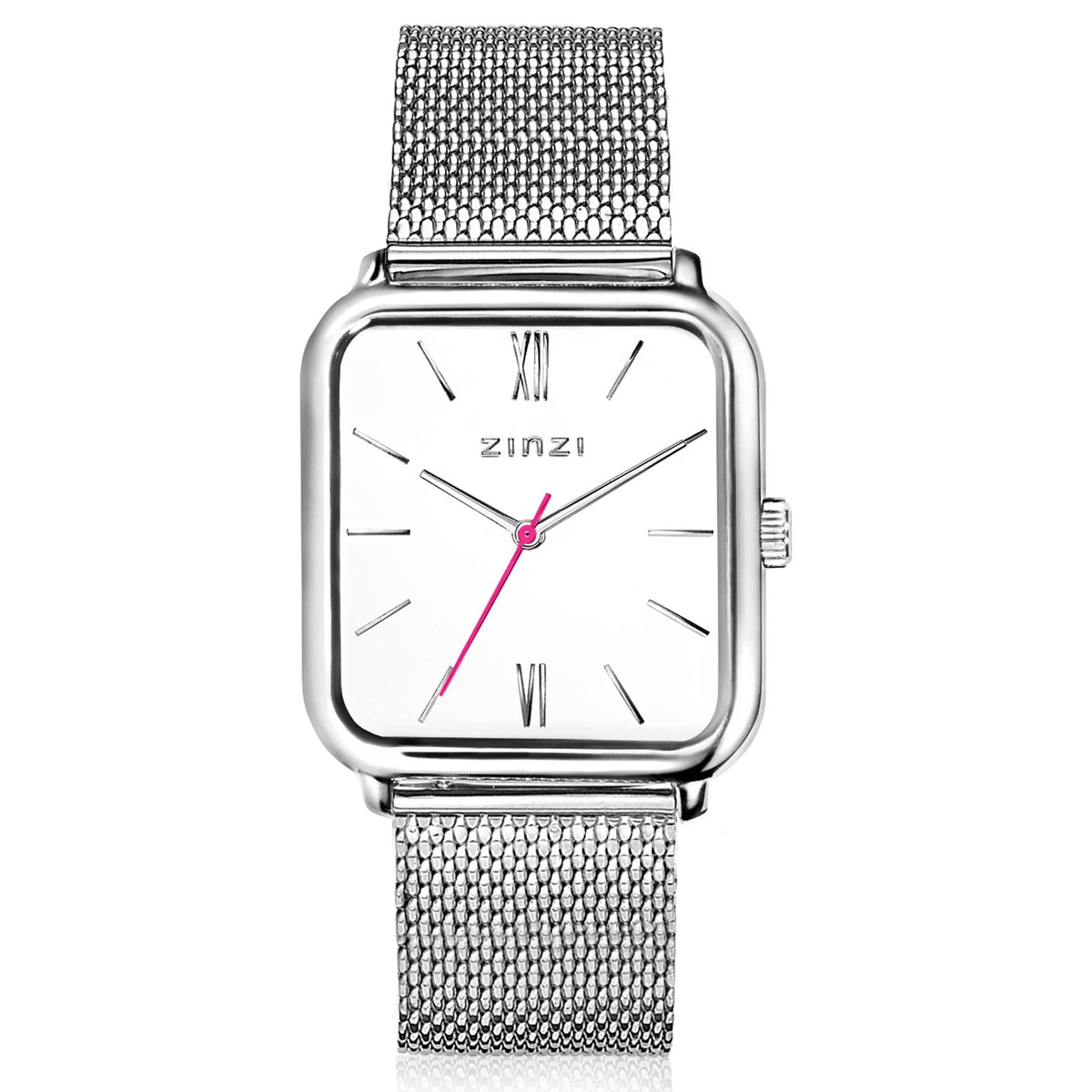 Zilverkleurig horloge van staal met vierkante wijzerplaat, Romeinse cijfers en mesh-band.