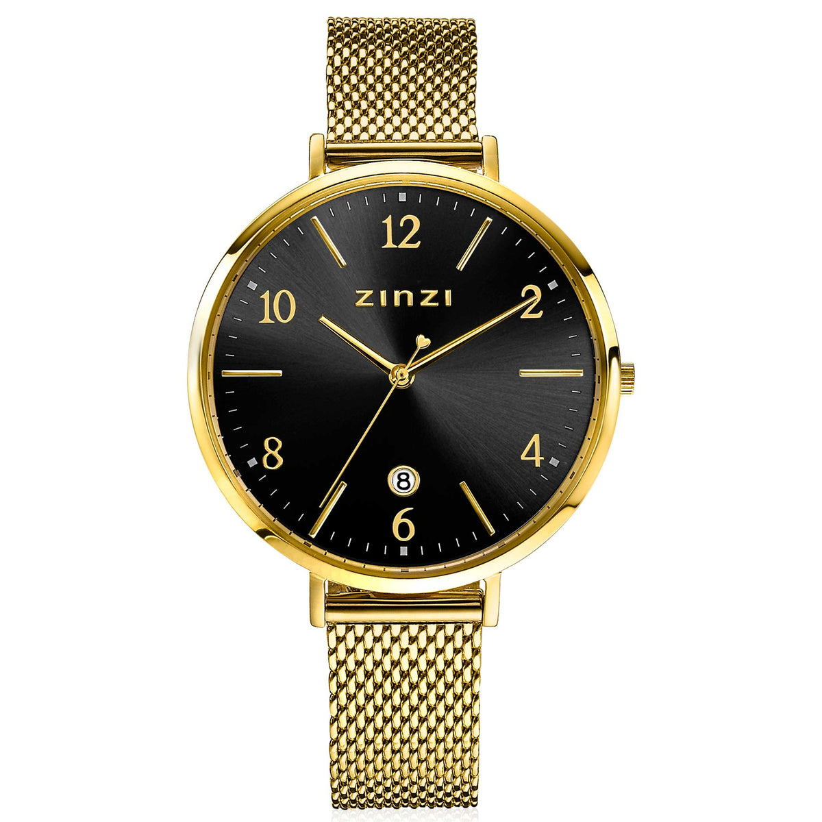 Geelgoudkleurig horloge met zwarte wijzerplaat, mesh-band en opvallende cijfers.