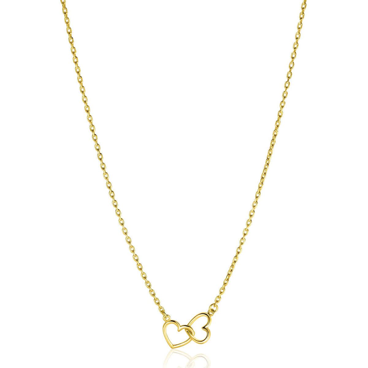 Gouden ketting met twee overlappende hartjes als hanger.