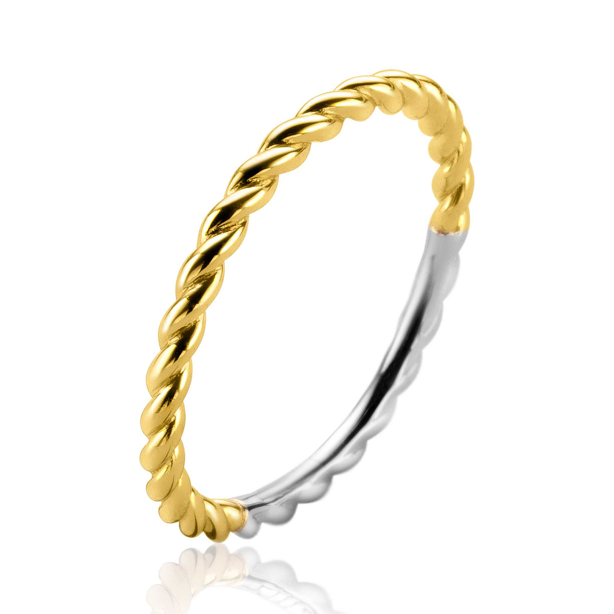 Gouden ring met gedraaide structuur en een zilveren afwerking aan de binnenkant.