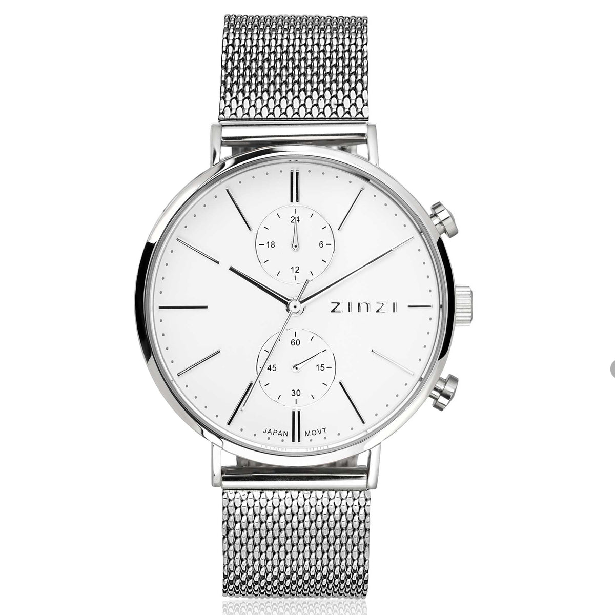 Zilverkleurig horloge van staal met een witte wijzerplaat en mesh-band, voorzien van drie sub-dials.