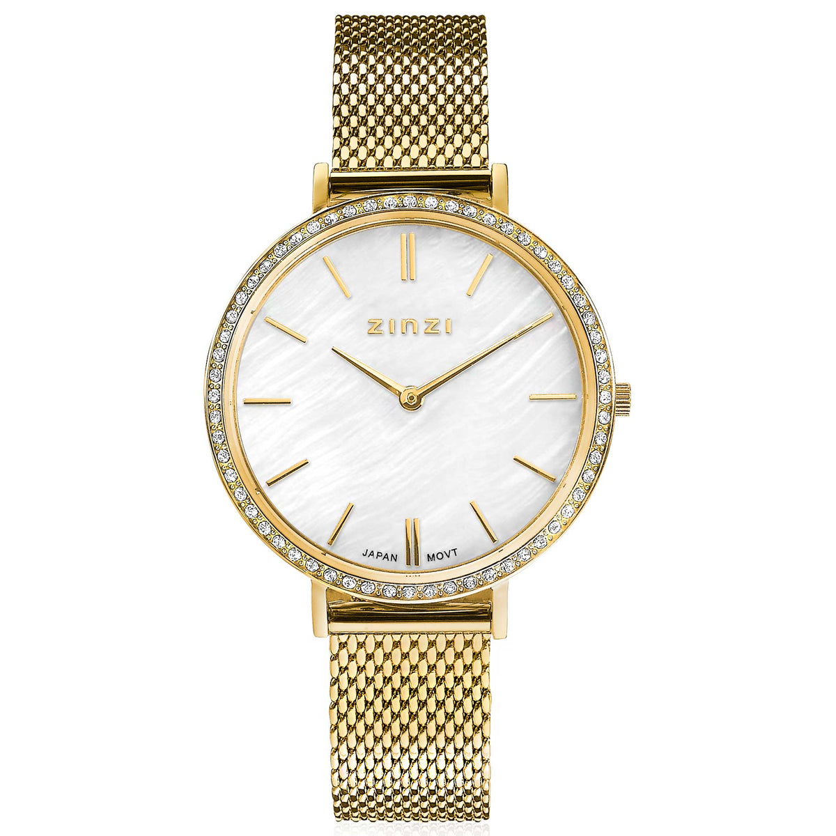 Geelgoudkleurig horloge met mesh-band, witte wijzerplaat en fonkelende steentjes rond de bezel.