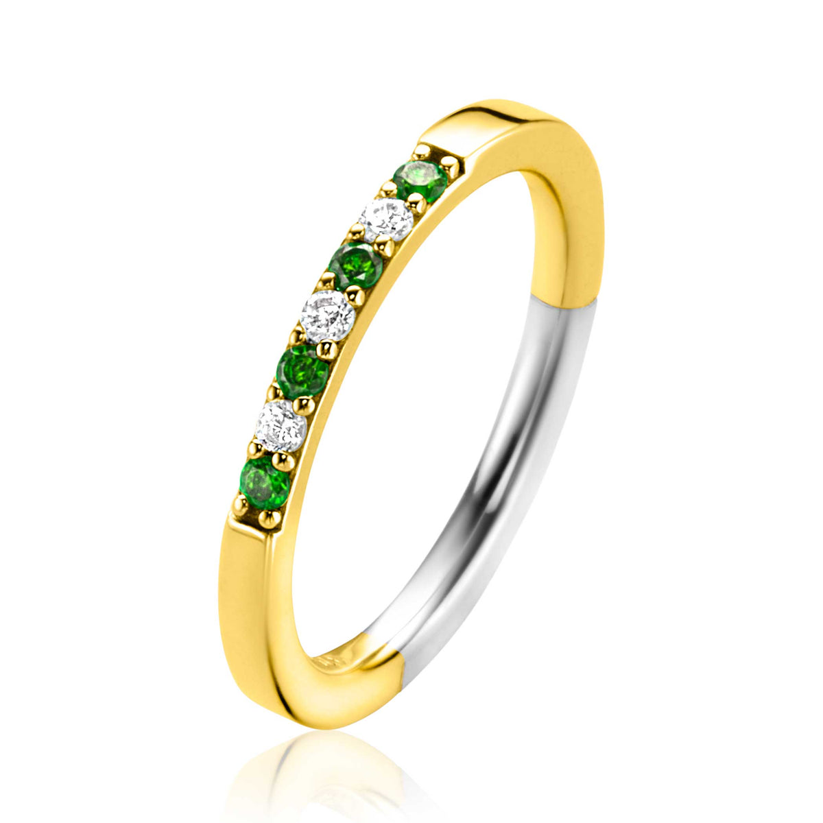 Gouden ring met groene en witte steentjes, afgewerkt met een zilveren binnenkant.
