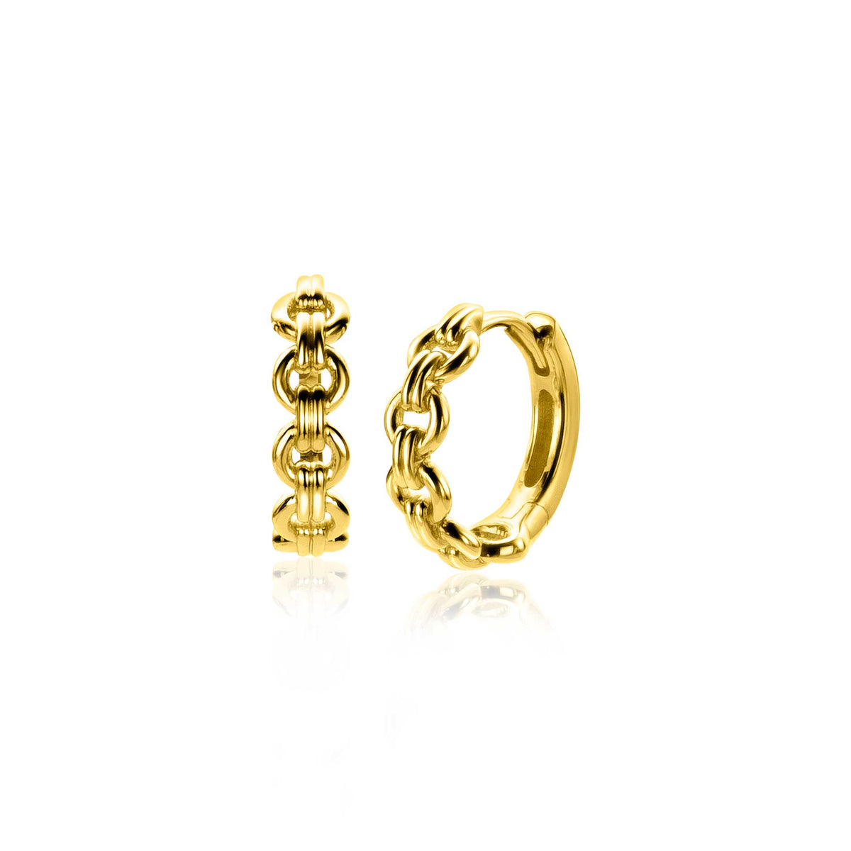 Gouden, vergulde oorbellen met een kettingontwerp en een gladde ring.