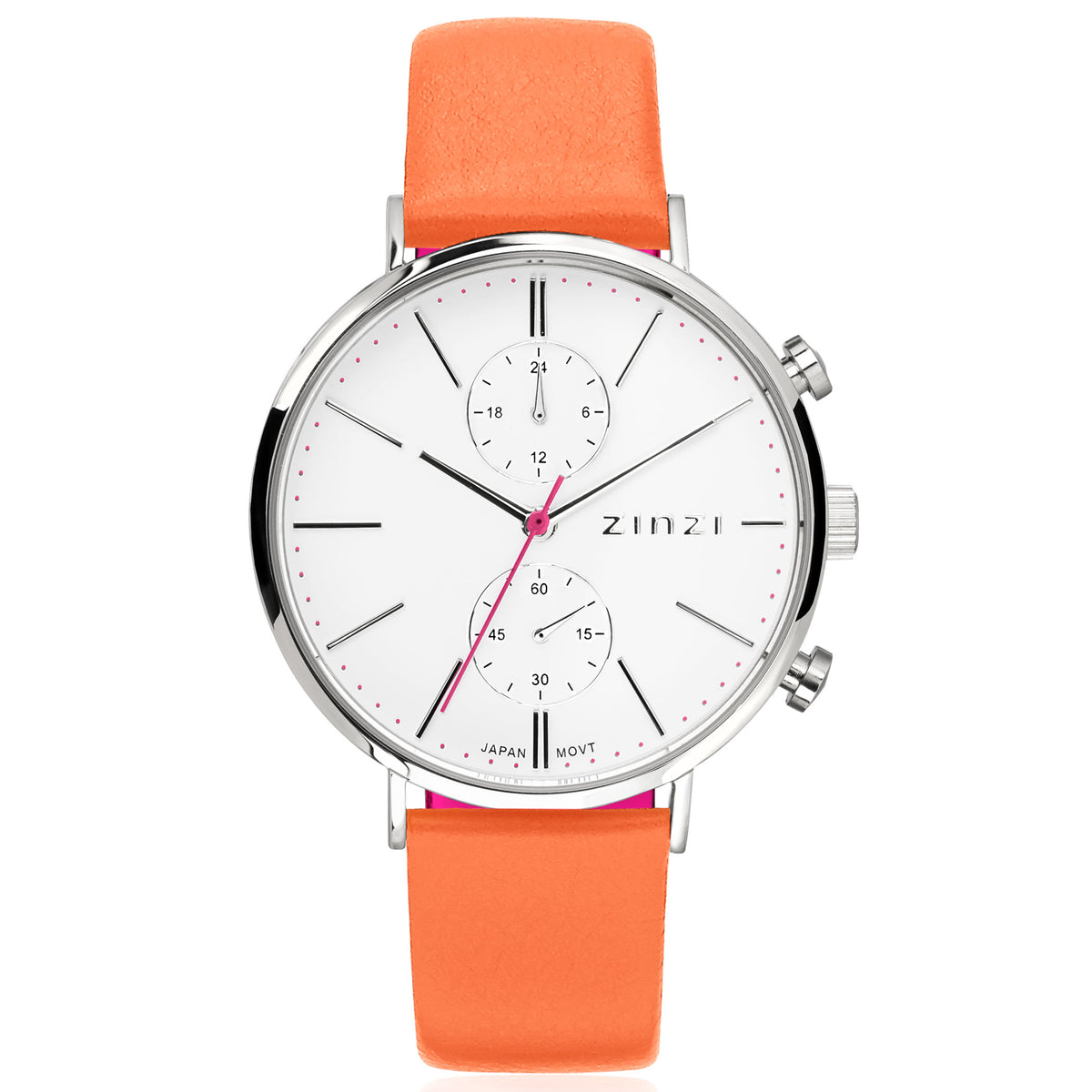 Zilverkleurig horloge met witte wijzerplaat, chronograaf en oranje leren band.