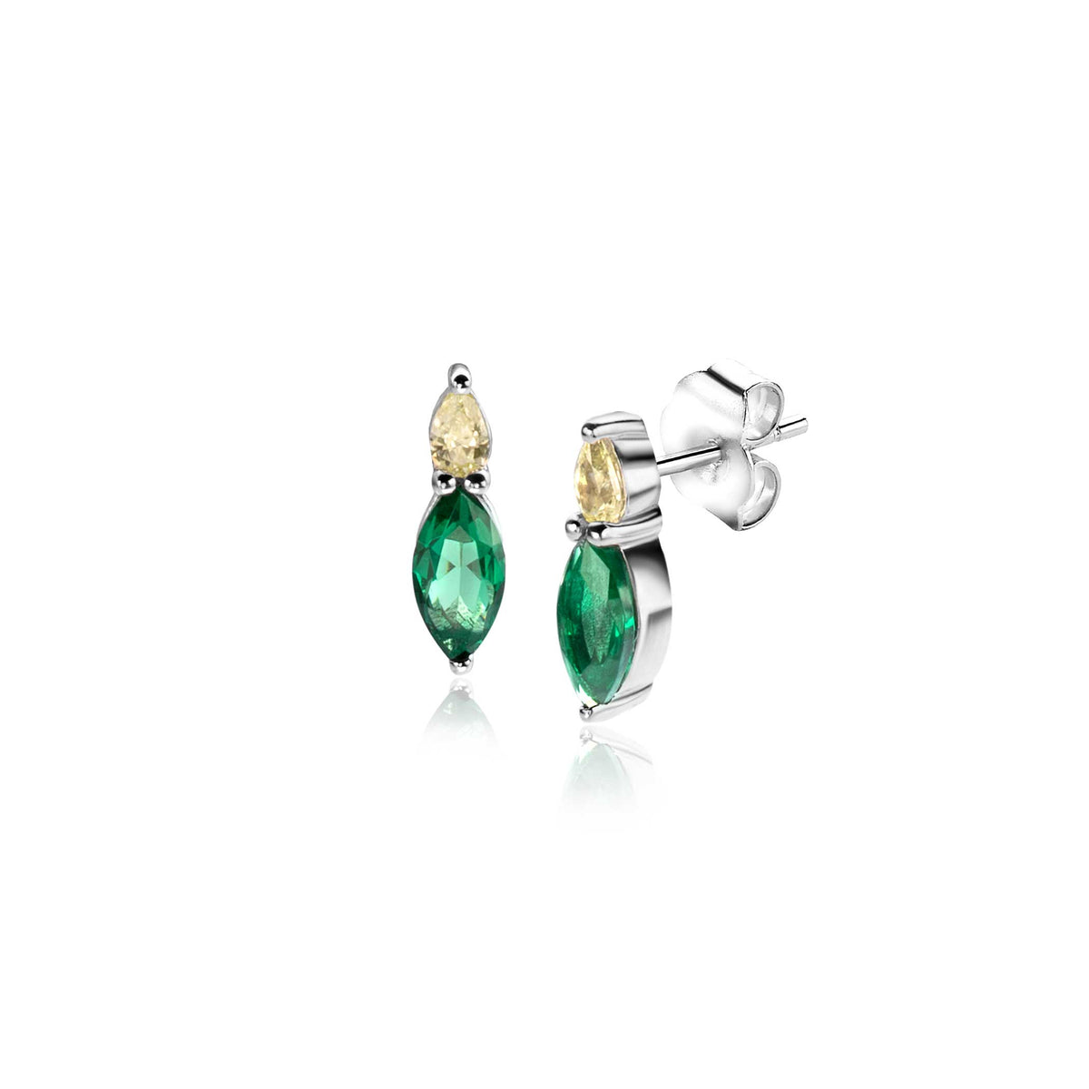 Zilveren oorbellen met groene en gele stenen in marquise-vorm.