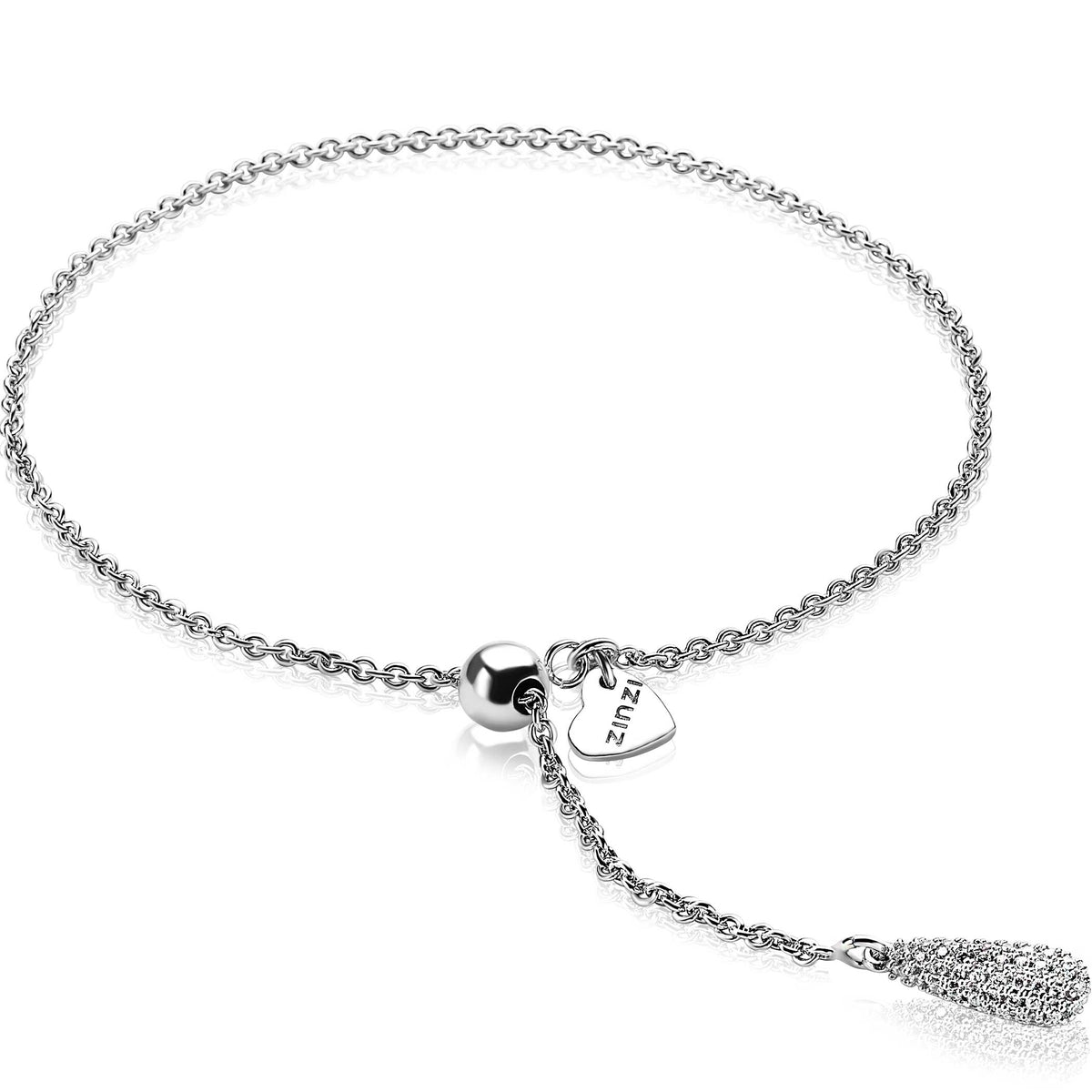 Zilveren armband met een fijne schakel, een hangertje in de vorm van een druppel en een hartje met het merklogo.