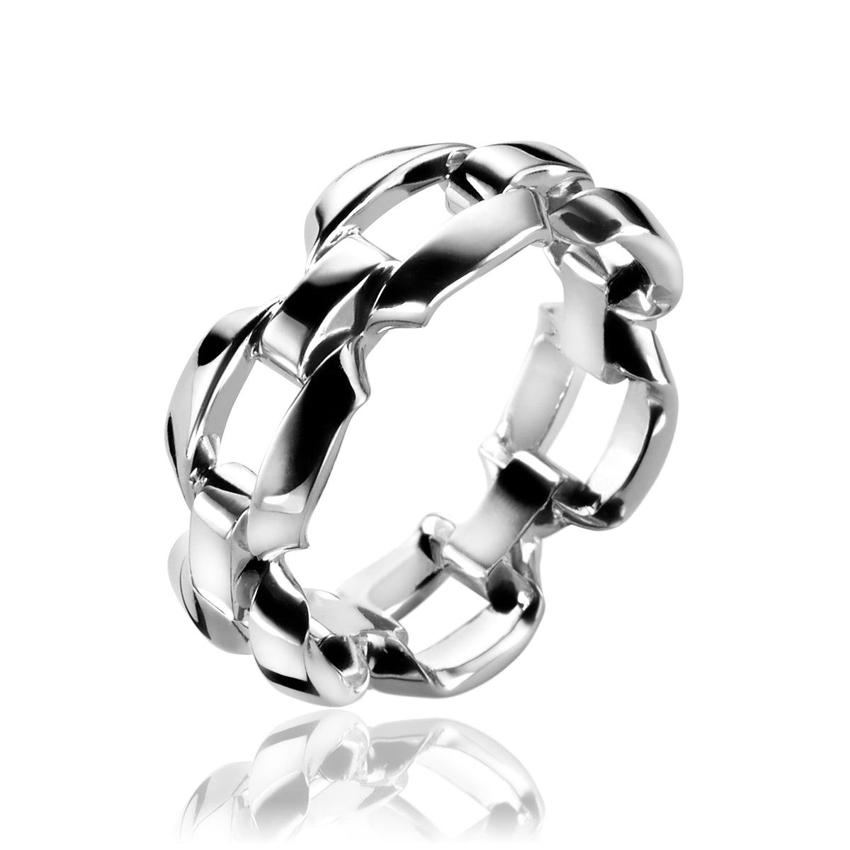 Zilveren ring met een schakelpunt ontwerp en glanzende afwerking.