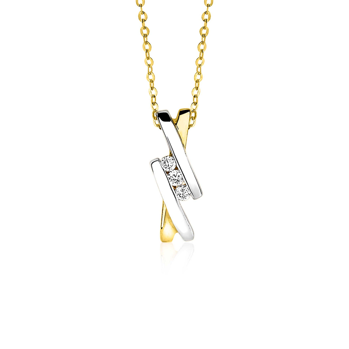 Gouden hanger met een zilveren accent en drie kleine steentjes, hangend aan een fijne ketting.