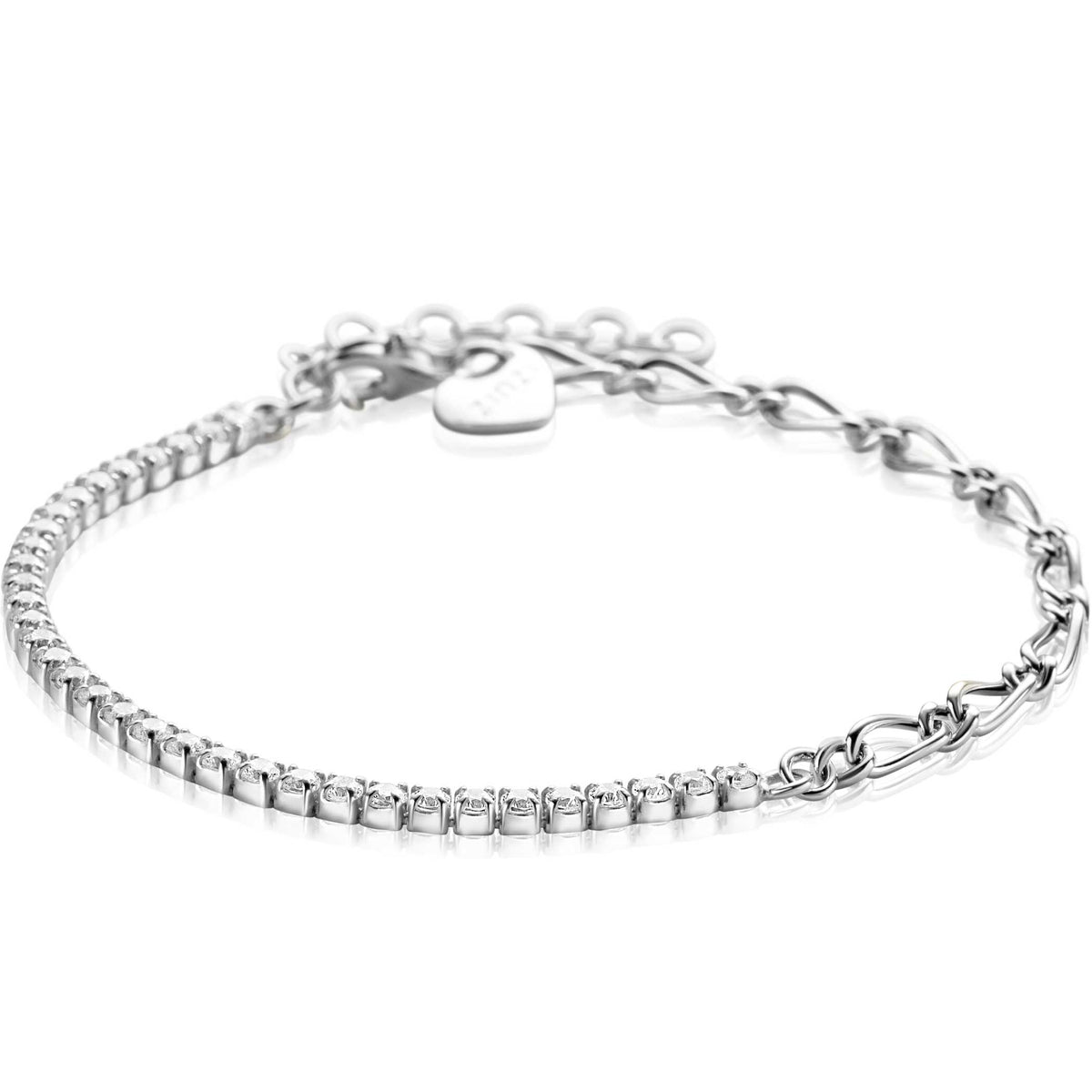 Zilveren armband met een combinatie van schakels en een rij kleine steentjes, voorzien van een hartvormige sluiting.