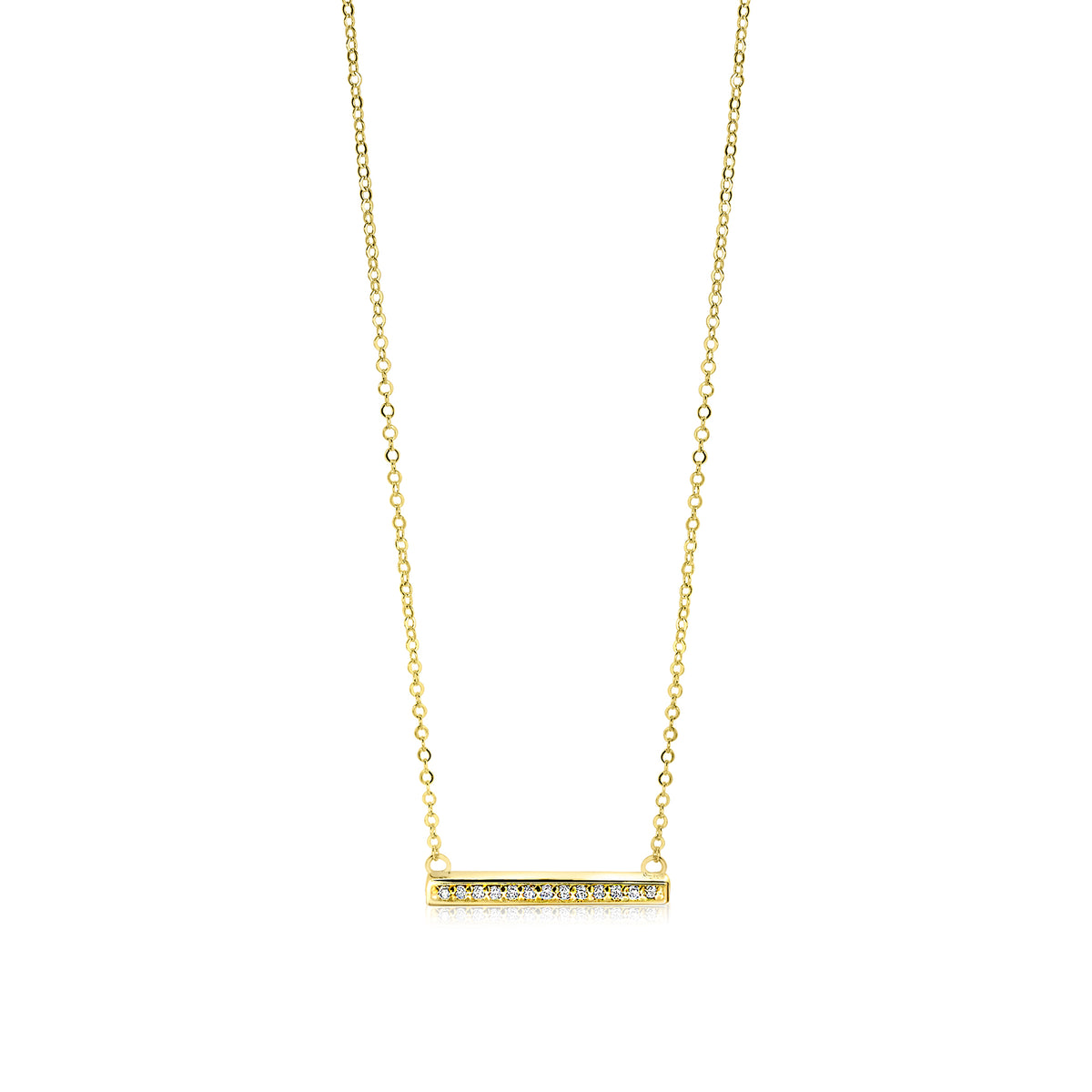 Gouden ketting met een rechte hanger bezet met heldere steentjes.