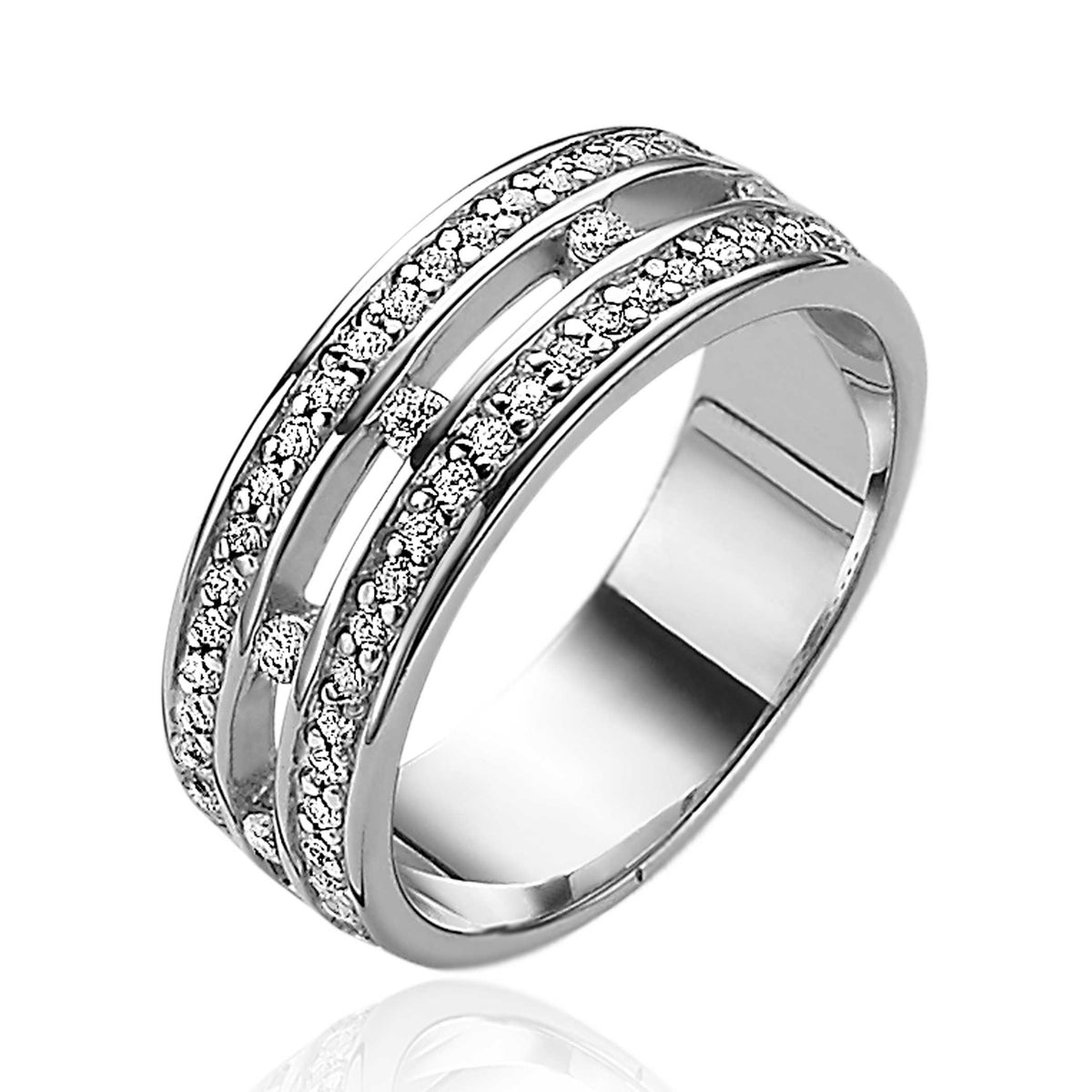 Zilveren ring met twee rijen van sprankelende zirconia-steentjes en een gladde afwerking.