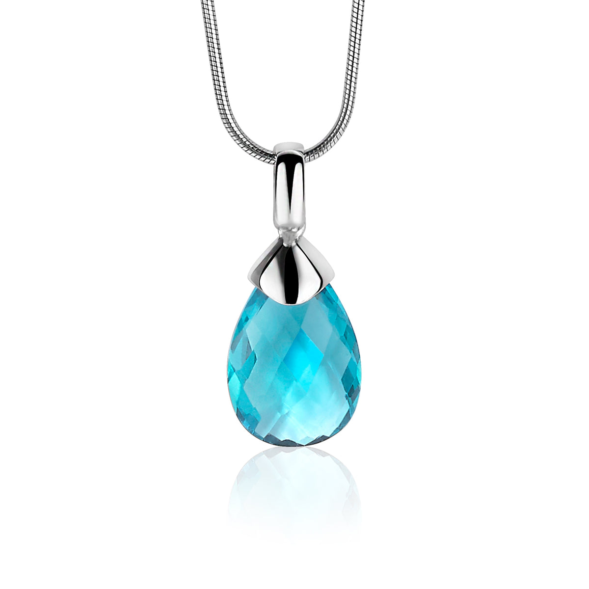 Zilveren hanger met een druppelvormige, facetgeslepen turquoise steen.