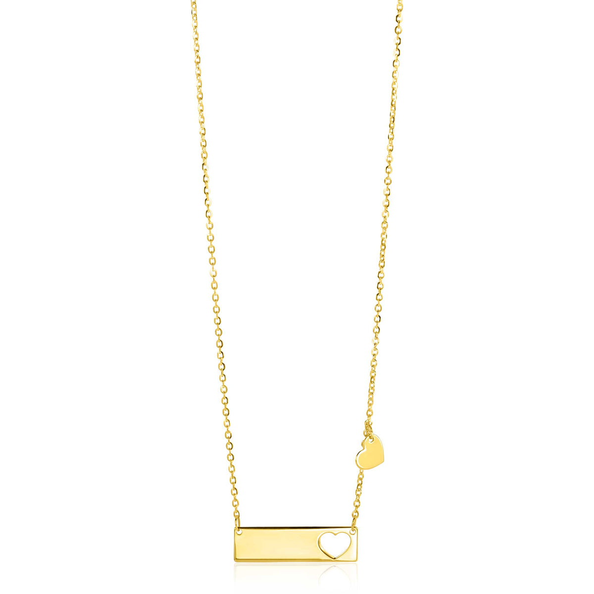 De Zinzi Ketting Goud Zgc351 van Zinzi is een 14 karaat gouden ketting met een rechthoekige staafhanger met een uitgesneden hart in de rechteronderhoek en een delicate hartvormige bedel aan de ketting bij de hanger.