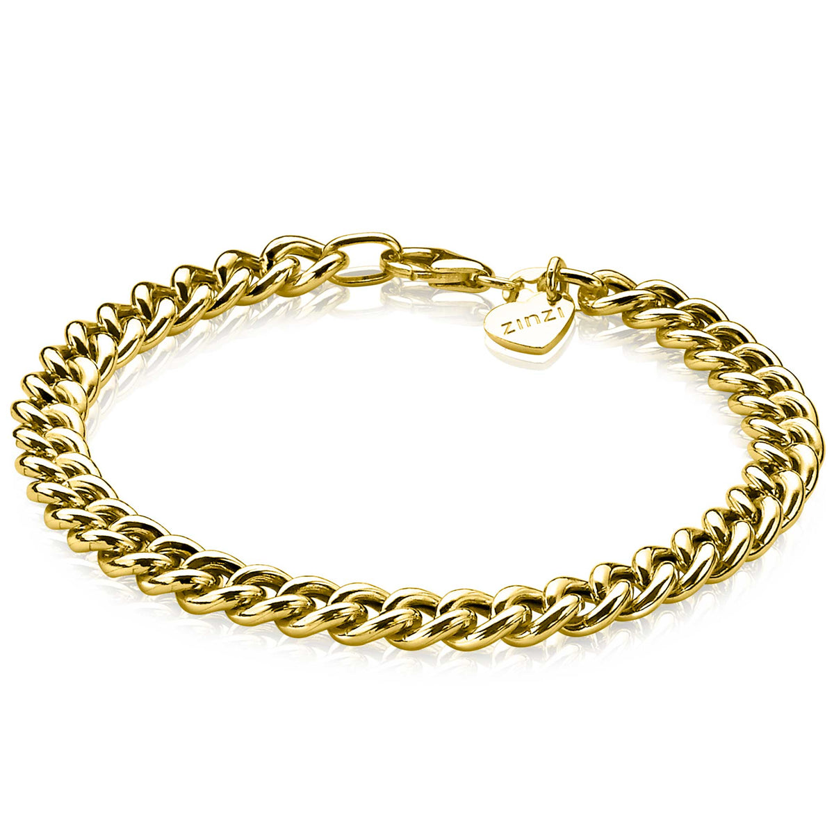 Gouden armband van schakels met een karabijnsluiting en een hartvormig bedel.