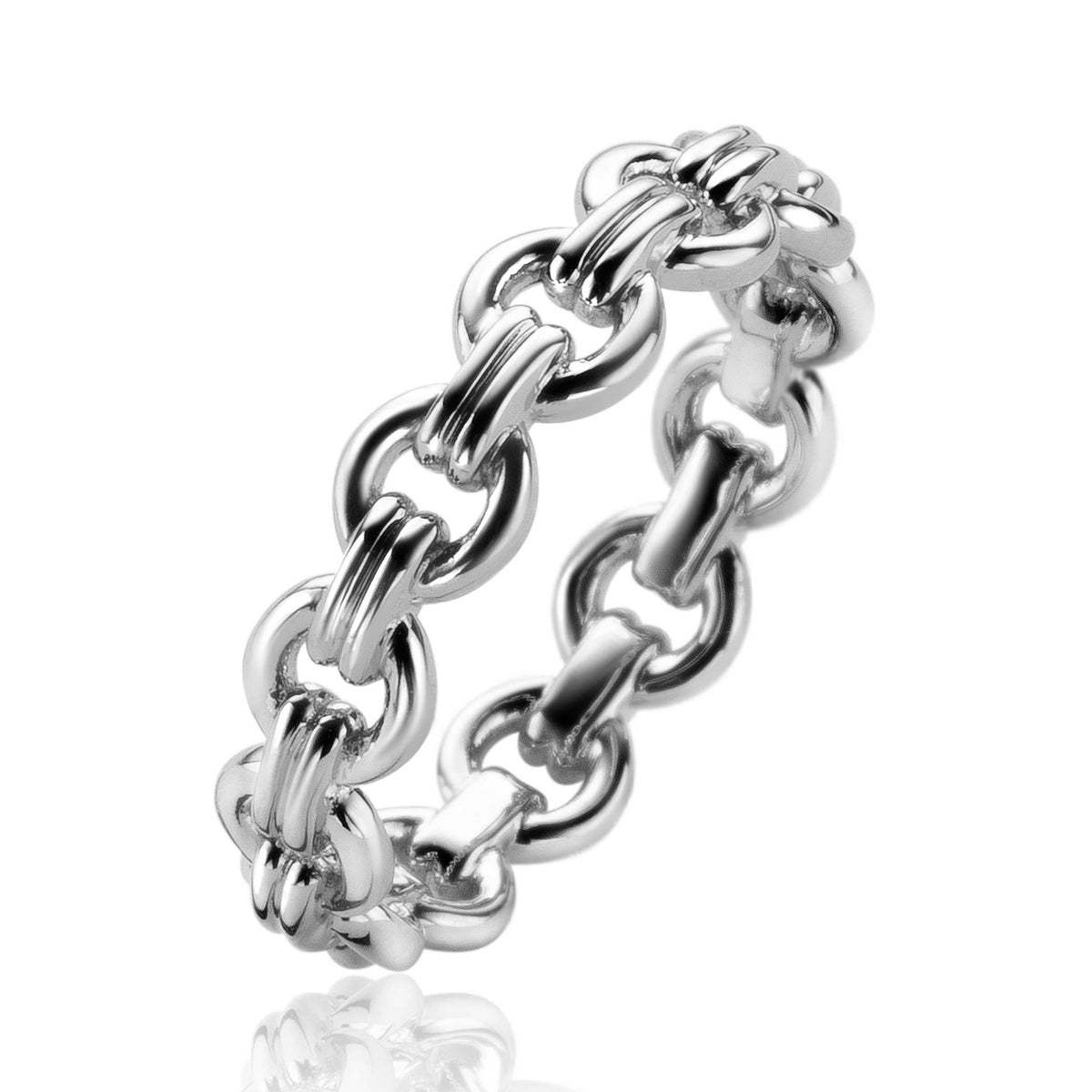 Zilveren ring met een schakelpuntdesign, glanzende afwerking en een ronde vorm.