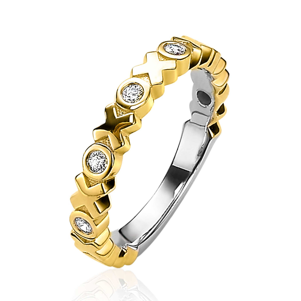 Gouden ring met een combinatie van glanzend en mat oppervlak, versierd met heldere steentjes.