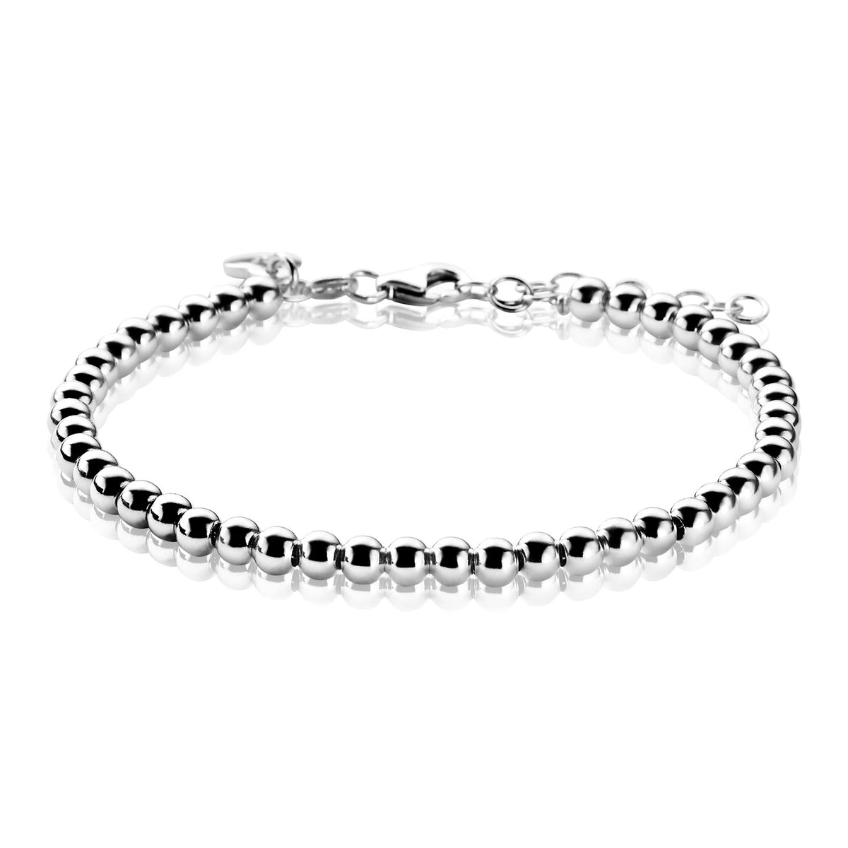 Zilveren armband met een schakelontwerp van bolletjes en een karabijnsluiting.