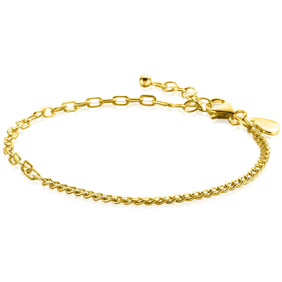Gouden armband met een combinatie van schakel- en kettingdesign, voorzien van een sluiting en verlengketting.