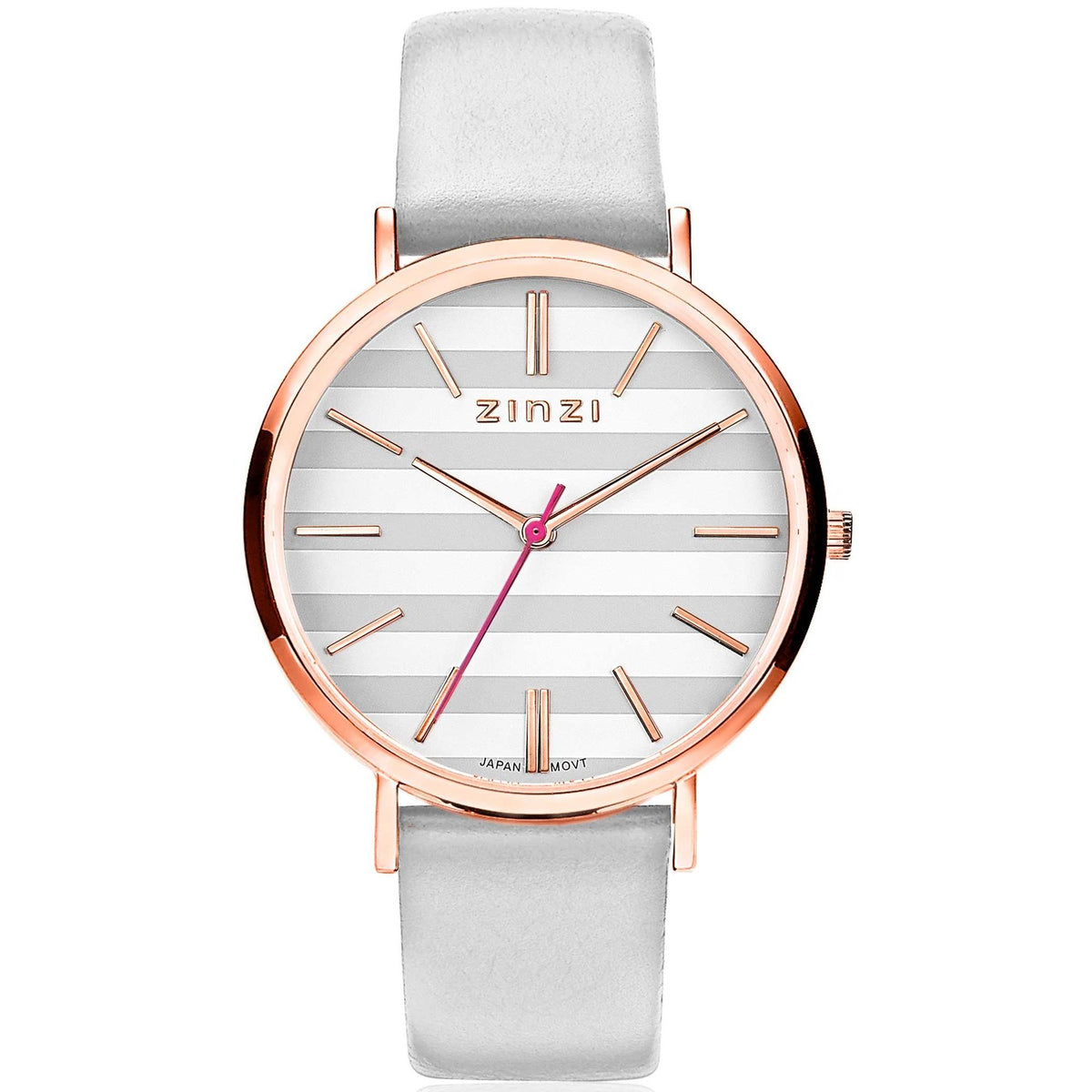 Roségoudkleurig horloge met een witte wijzerplaat met strepen en een lichtgrijze leren band.