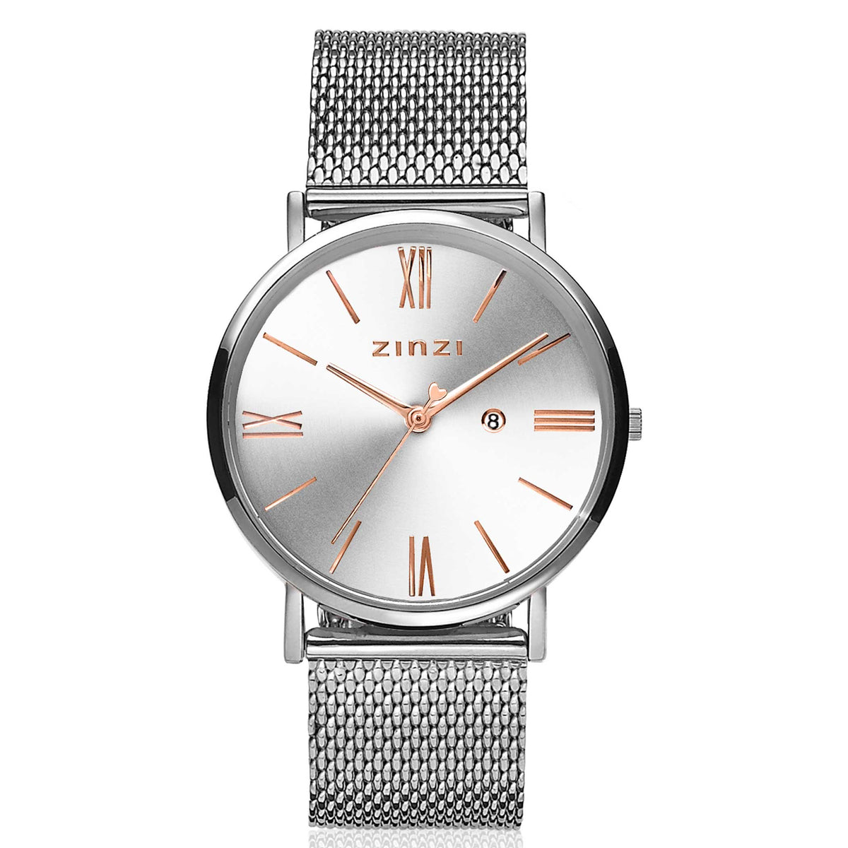 Zilverkleurig horloge van staal met een mesh-band, ronde wijzerplaat en roségouden cijfers.