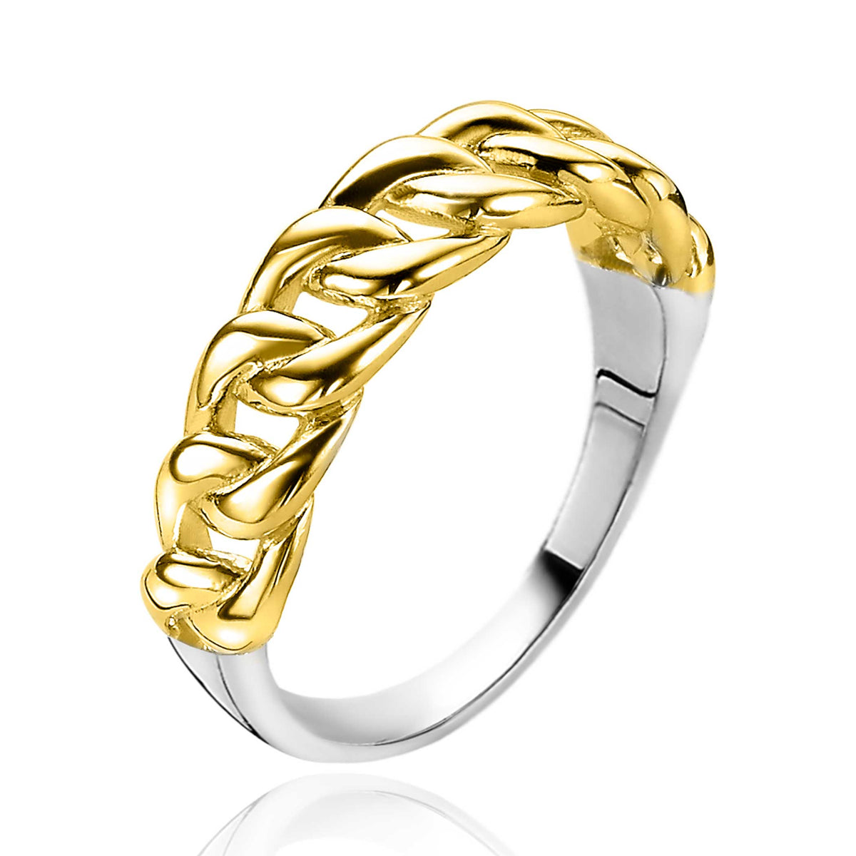 Gouden ring met een gevlochten ontwerp en een glanzende afwerking.