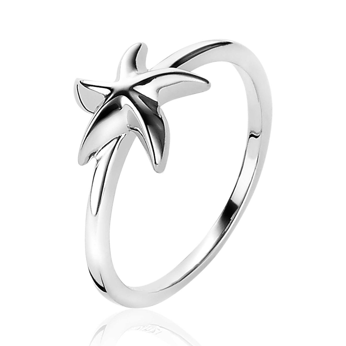 Zilveren ring met een palmbladontwerp en een glanzende afwerking.