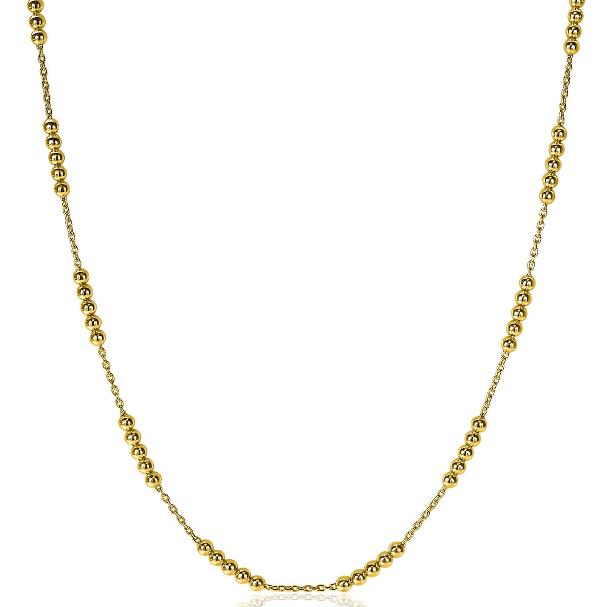 Gouden ketting met bolletjes in verschillende maten, afgewerkt met een glanzende laag.