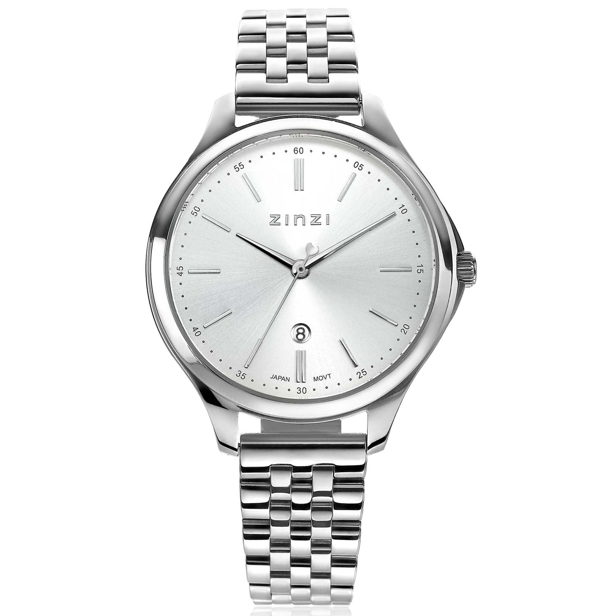 Zilverkleurig horloge van staal met een glanzende wijzerplaat en een schakelband.