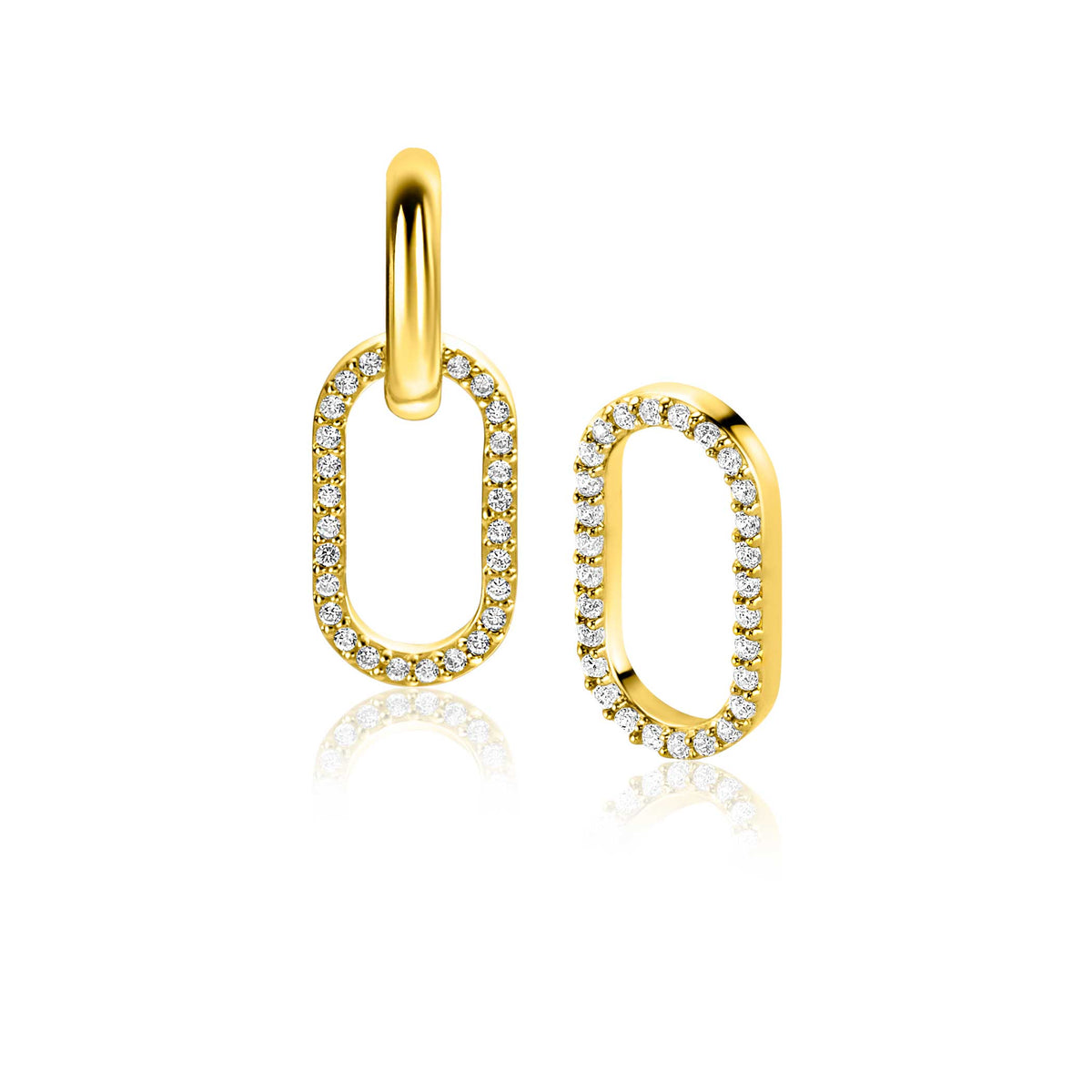 Gouden oorbellen met een open ovaalvorm en witte steentjes aan de rand.