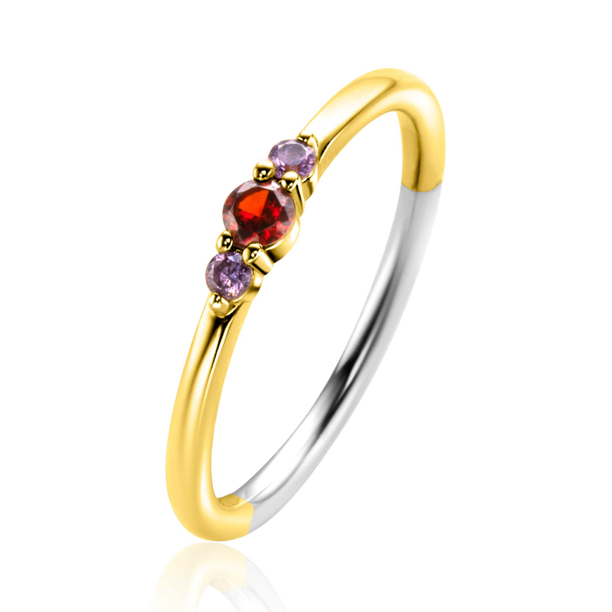 Gouden ring met een rode en paarse steen, afgewerkt met een zilveren band.