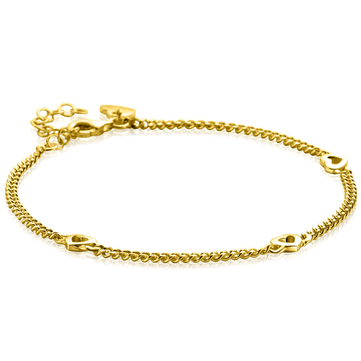 Gouden armband met schakels en hartvormige details, afgewerkt met een glanzende laag.