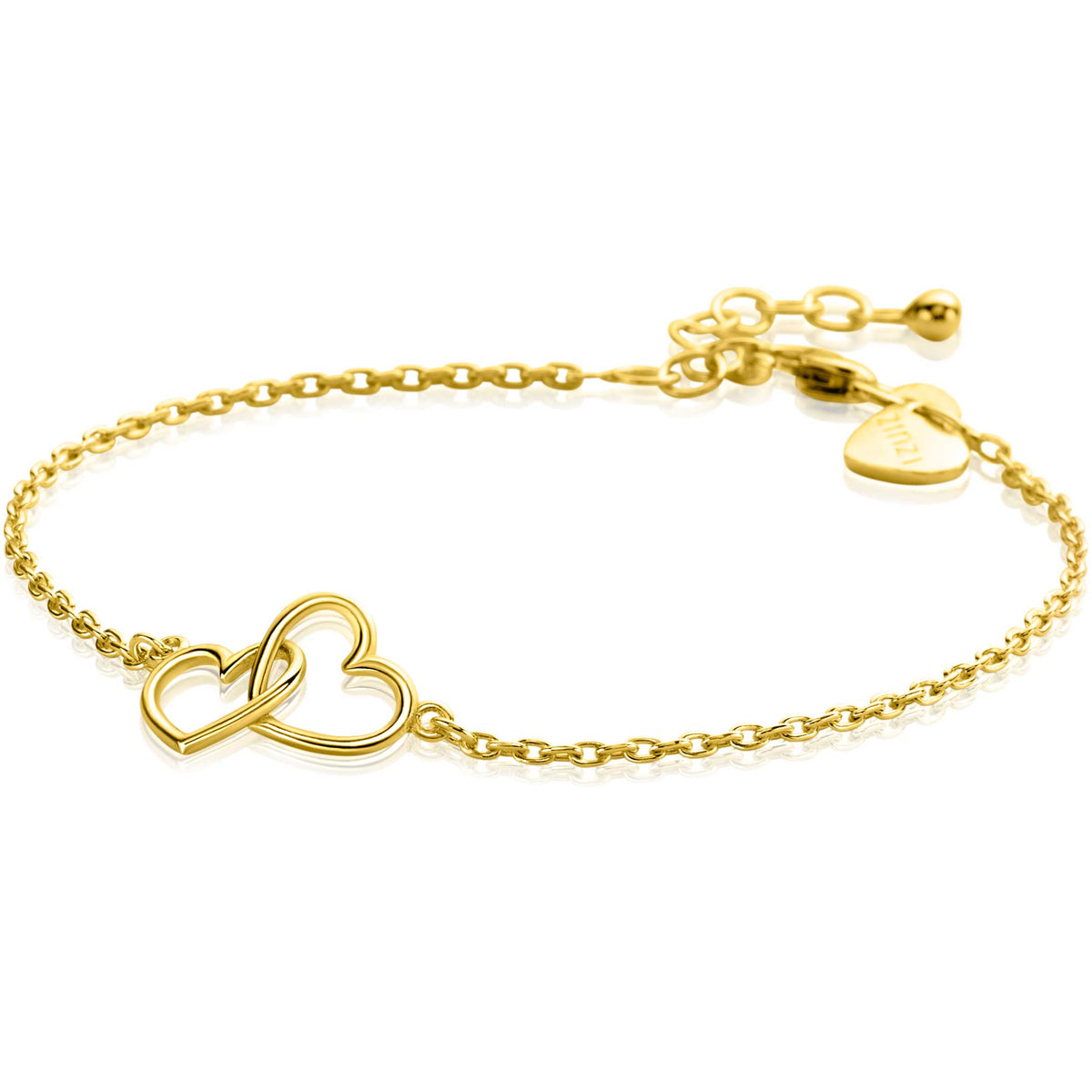 Gouden armband met twee overlappende hartjes en een verstelbare schakelketting.