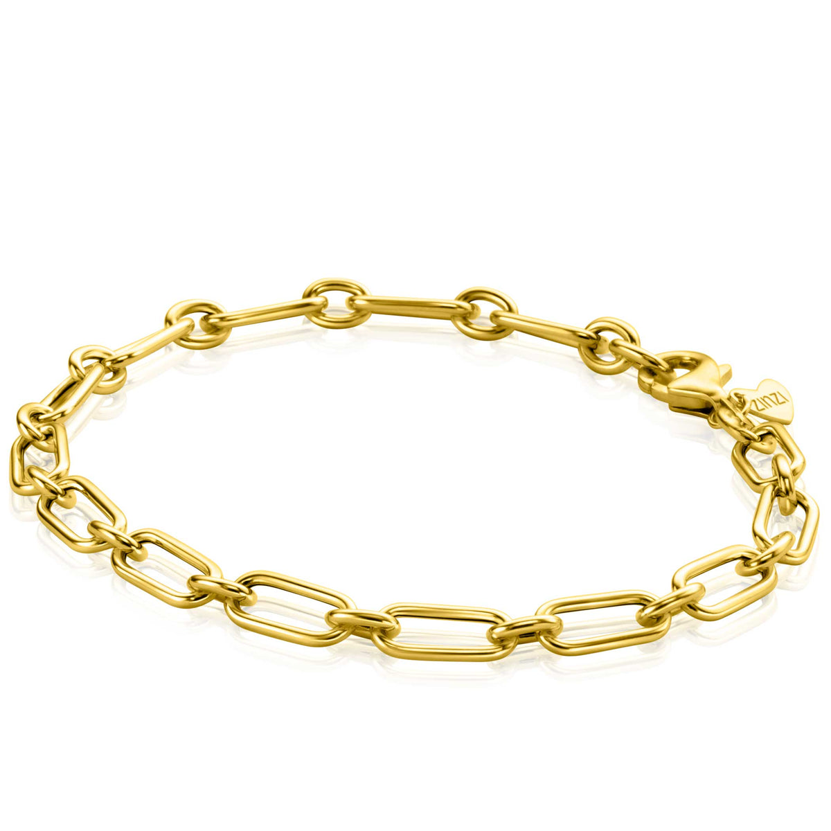 De Zinzi Armband Goud Zga354 is een elegante 14k gouden armband met gepolijste fantasie ovale schakels en een karabijnsluiting, compleet met een klein label bij de sluiting. Het is prachtig tentoongesteld op een witte achtergrond.