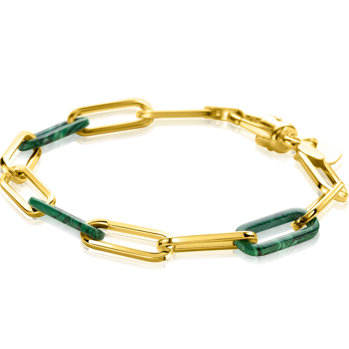 Gouden armband met schakels en groene malachietdetails.