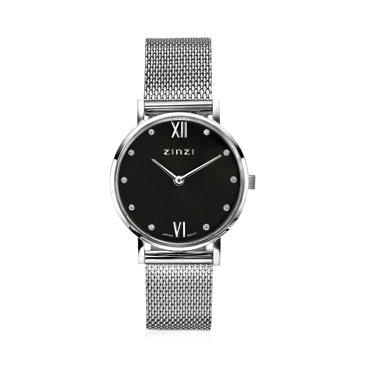 Zilverkleurig horloge van staal met zwarte wijzerplaat, mesh-band en Romeinse cijfers.