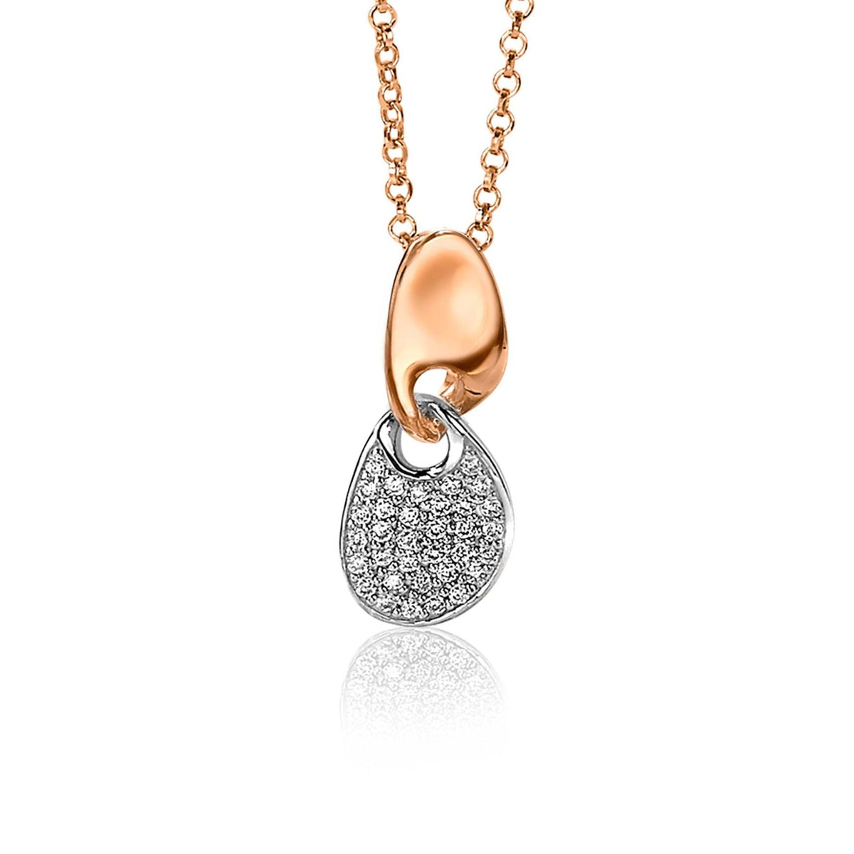 Gouden hanger met een zilveren, glinsterende schijf en een organische vorm, aan een fijne ketting.
