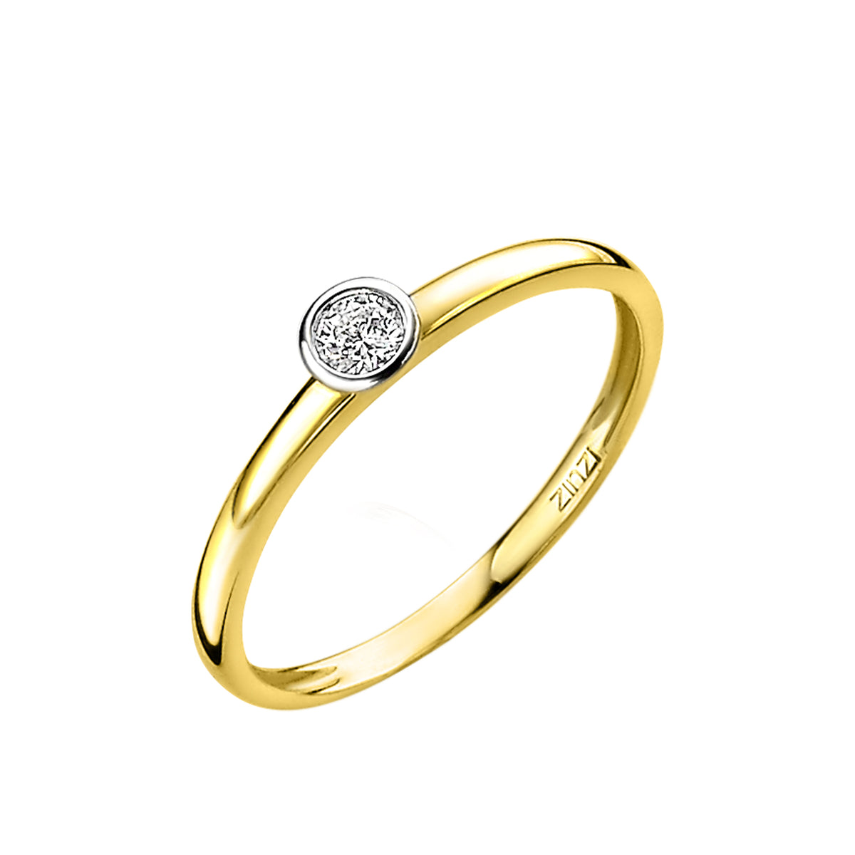 Gouden ring met een ronde, zilveren inzet en sprankelende steentjes in het midden.