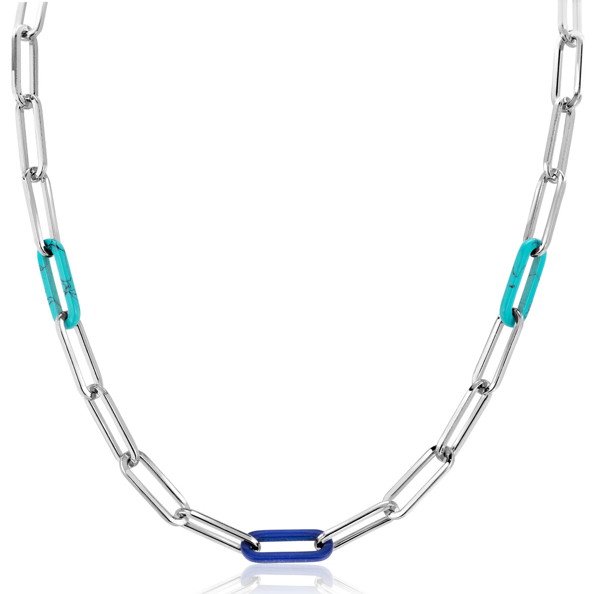 Zilveren ketting met schakels en blauwe en turquoise accenten.