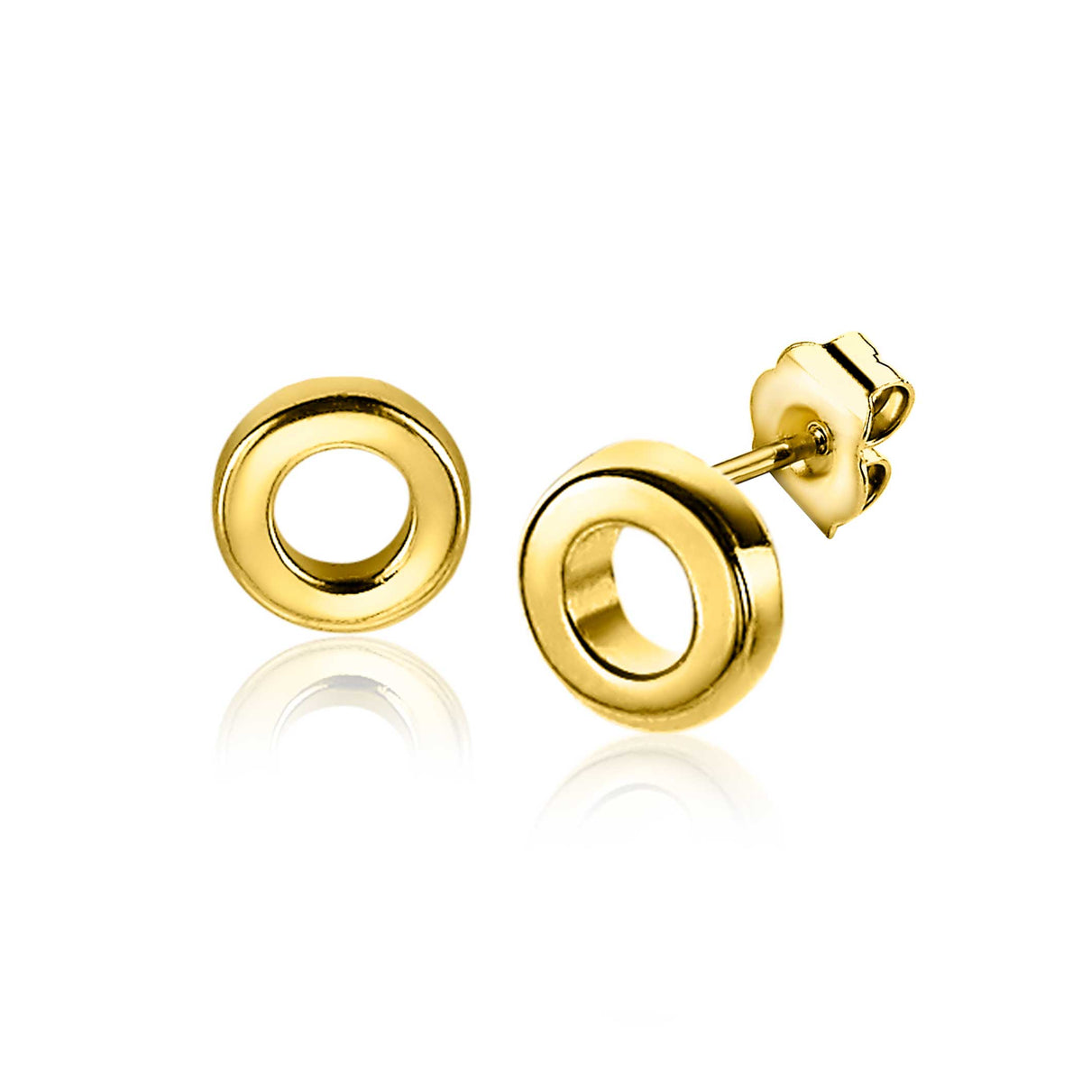 Gouden, vergulde oorbellen met een ronde, open schijfvorm en een eenvoudige stud sluiting.