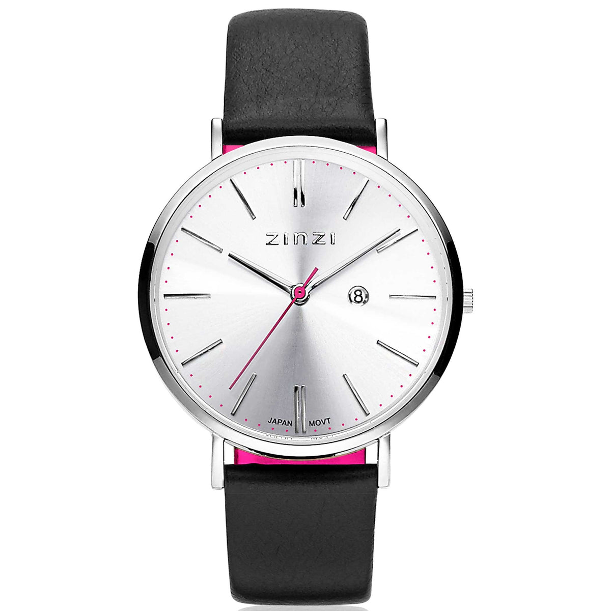 Zilverkleurig horloge met een stalen kast, witte wijzerplaat en zwarte leren band.