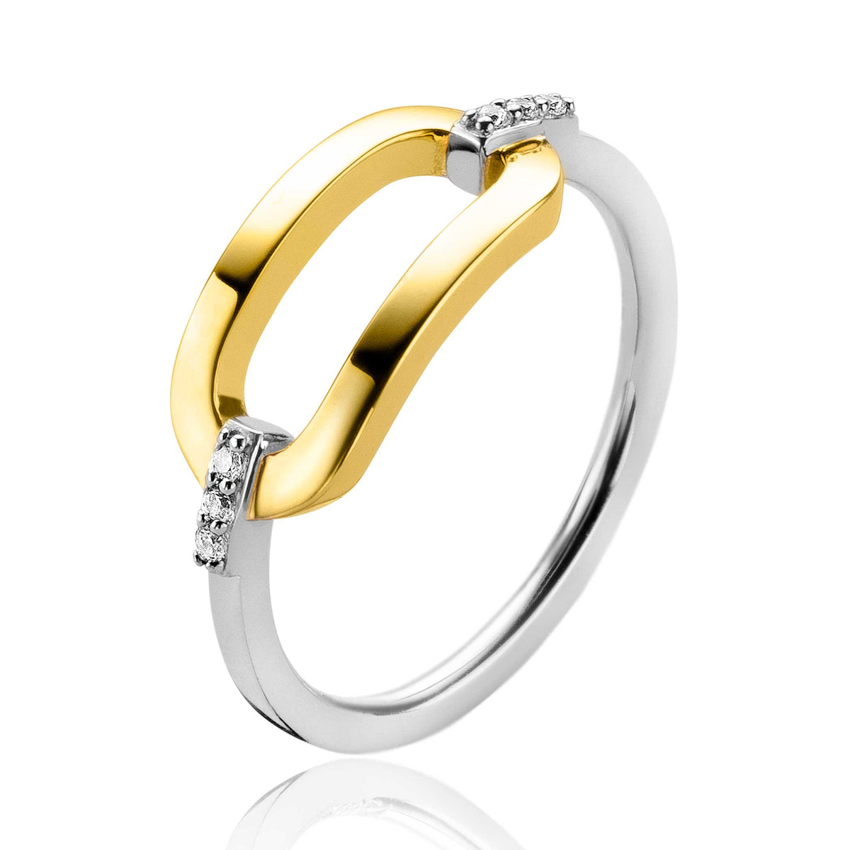 Gouden ring met een zilveren band en twee kleine steentjes aan de zijkanten.
