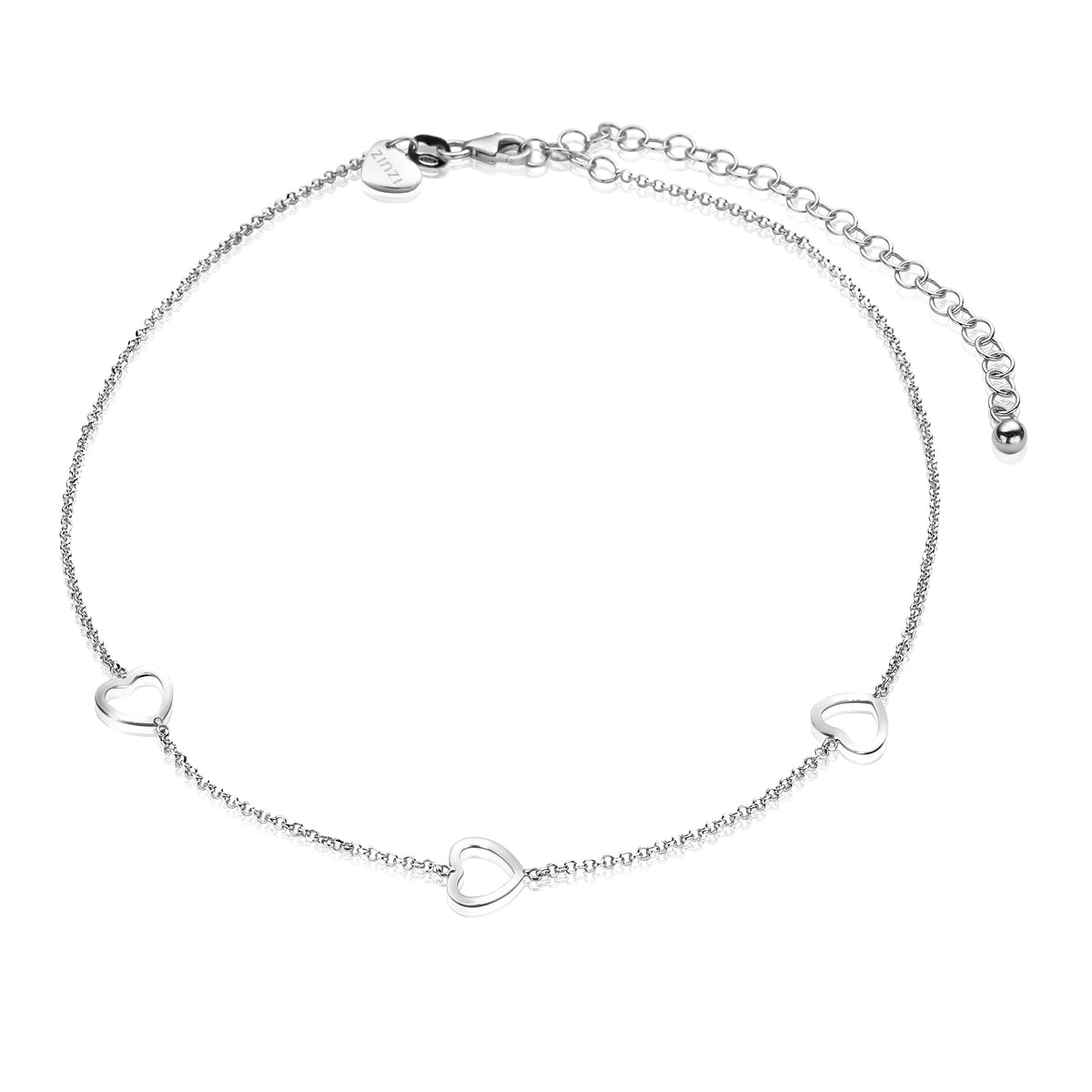 Zilveren ketting met drie hartvormige hangers en een verlengkettinkje.