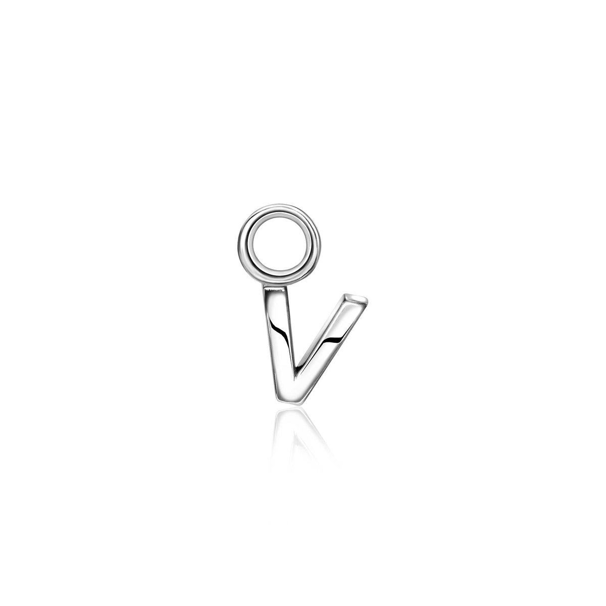 Zilveren oorbel met een minimalistisch ontwerp in de vorm van een 'V' met een cirkel.