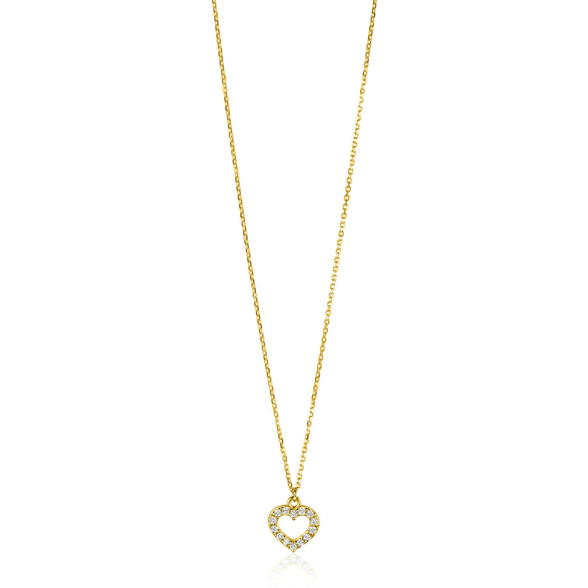 De Zinzi Ketting Goud Zgc450 heeft een hartvormige hanger omlijnd door witte zirkonia, elegant hangend aan een fijne gouden ketting. De witte achtergrond accentueert het sprankelende ontwerp.