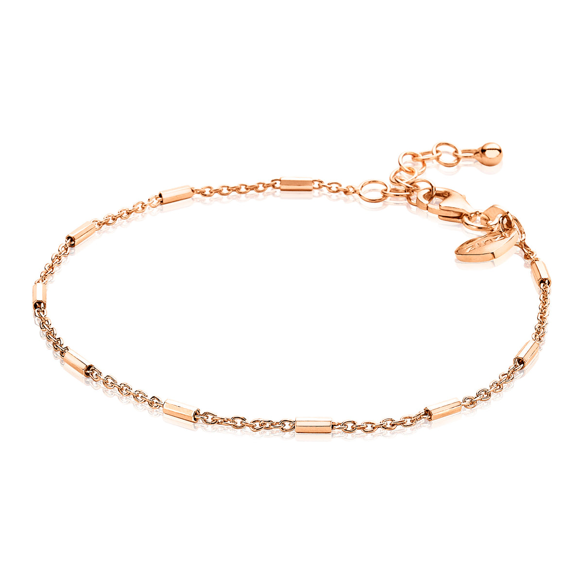 Gouden armband met een combinatie van rechte en ronde schakels, afgewerkt met een verlengkettinkje.
