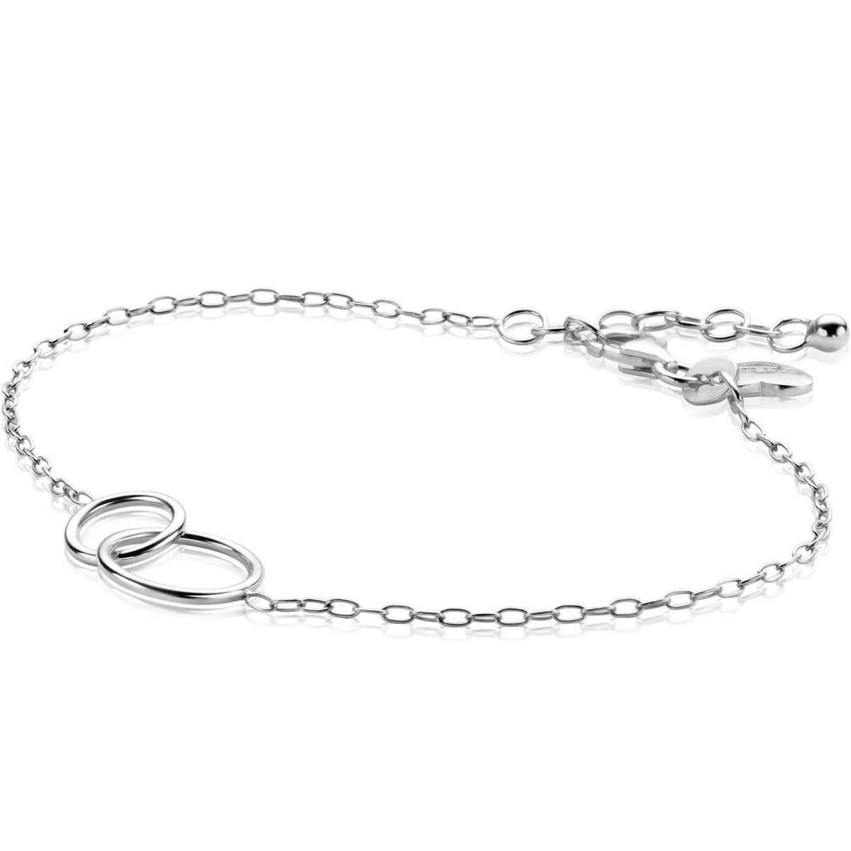 Zilveren armband met twee overlappende ovale schakels en een verstelbare sluiting.