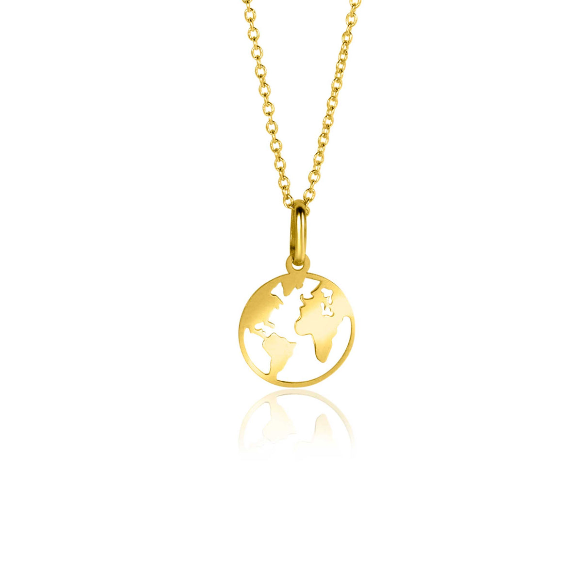 Gouden hanger in de vorm van een wereldbol, met een fijne ketting.