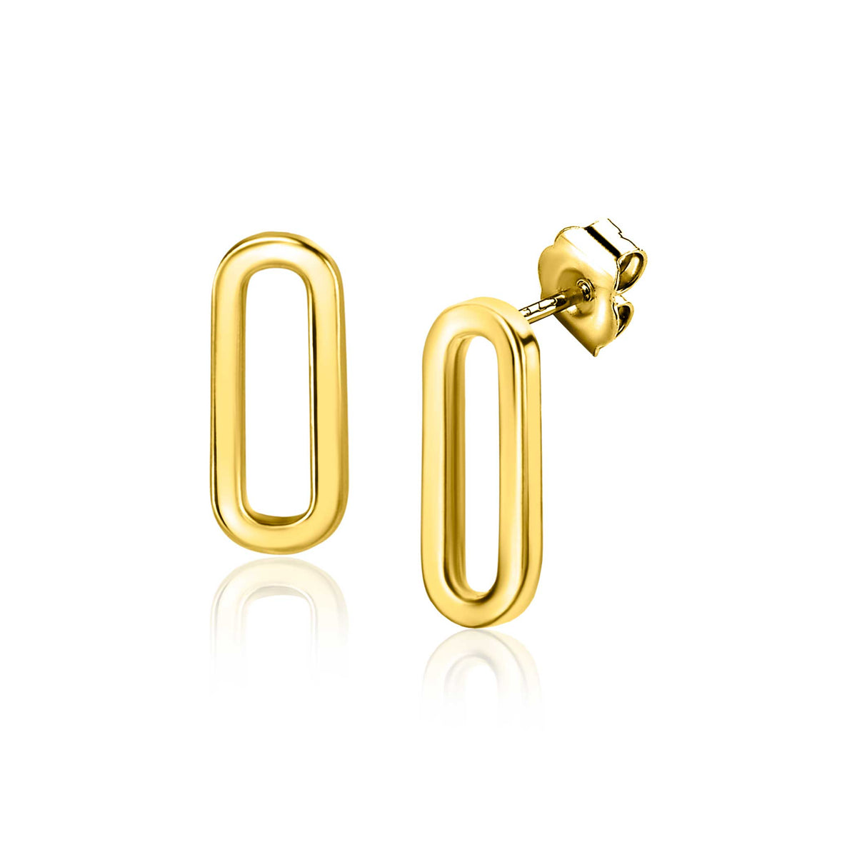 Gouden oorbellen met een open rechthoekige vorm en glanzende afwerking.