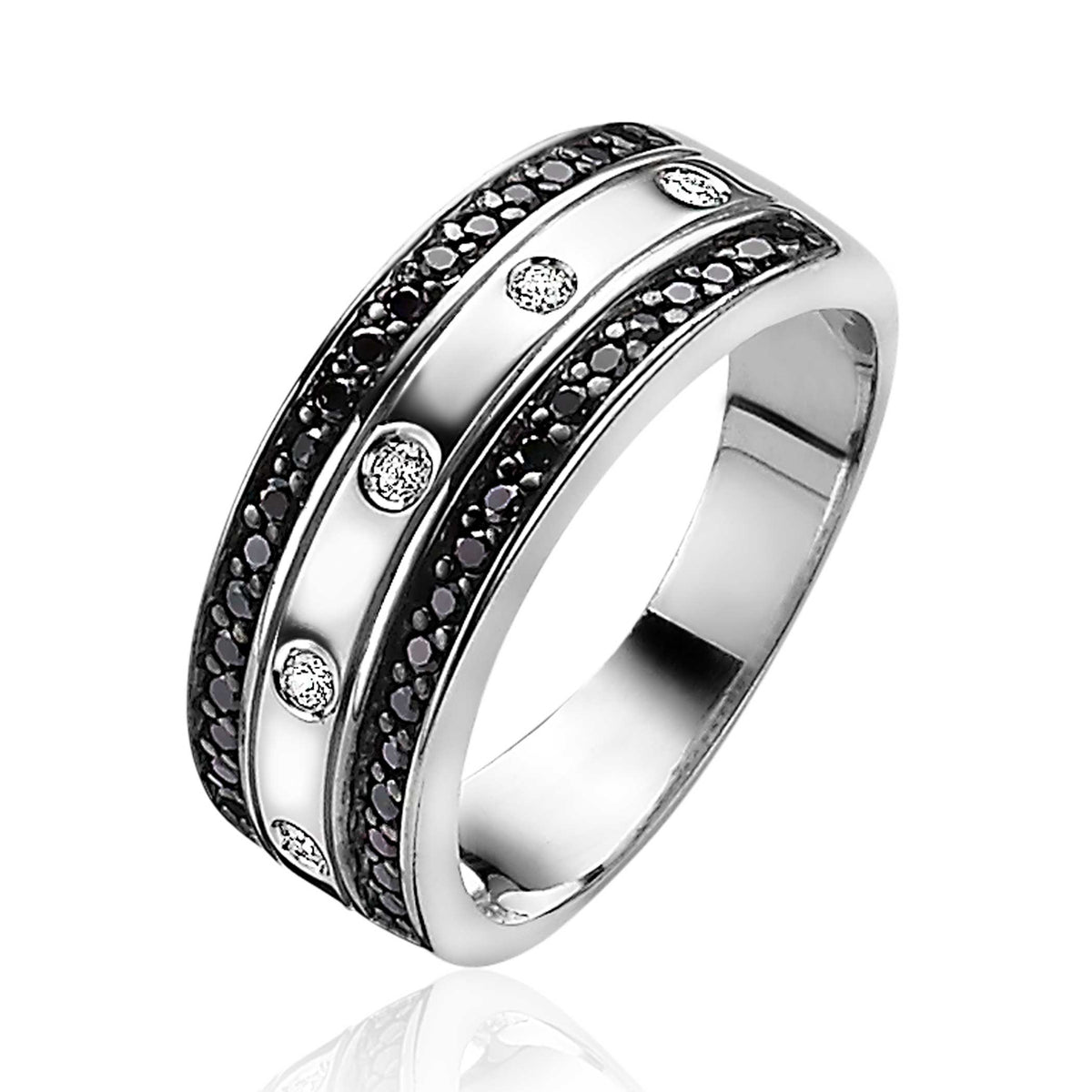 Zilveren ring met zwarte en witte zirkonia, brede band met een gestreept ontwerp.
